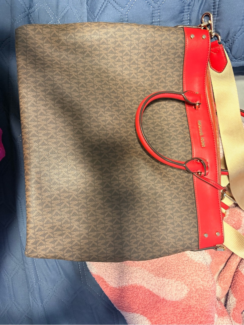 Michael Kors Brown Logo Tote with Red Trim and Strap